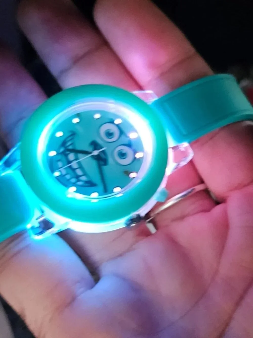 Share Funny Monster Face Wristwatch Ligh Up Quartz Analog Green Rubber Band Wris